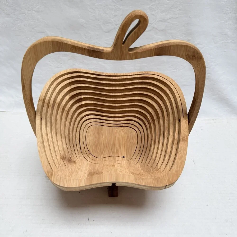 Collapsible Apple Shaped Bamboo Bowl-Kitchen Fruit Centerpiece Decor Trivet Gift